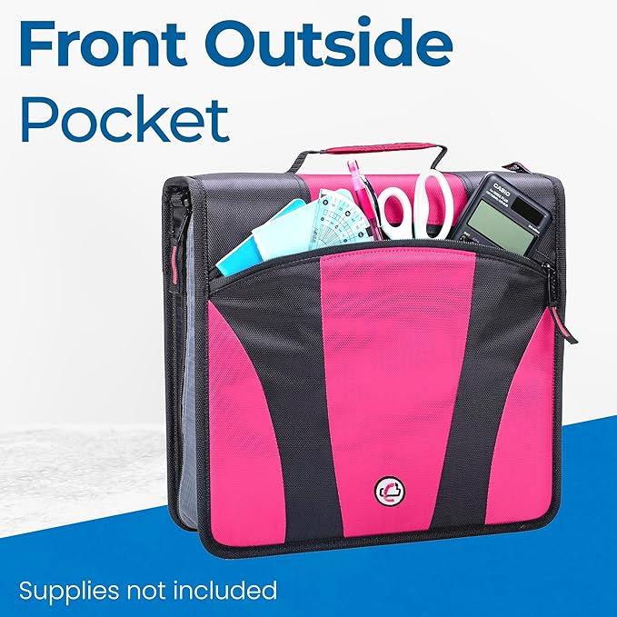 Case-it The Dual 2.0 2-in-1 Zipper Binder | Two 2-Inch D-Rings, 700 Sheet Capacity, 5-Subject Expanding File Folder, Multiple Pockets & Storage Organizer, Shoulder Strap | Dual-301 Pink
