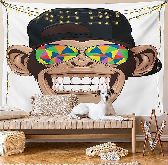 Ambesonne Cartoon Tapestry King Size, Fun Hipster Monkey with Colorful Sunglasses and Hat Rapper Hippie Ape Art, Wall Hanging Bedspread Bed Cover Wall Decor, 104" X 88", White Brown