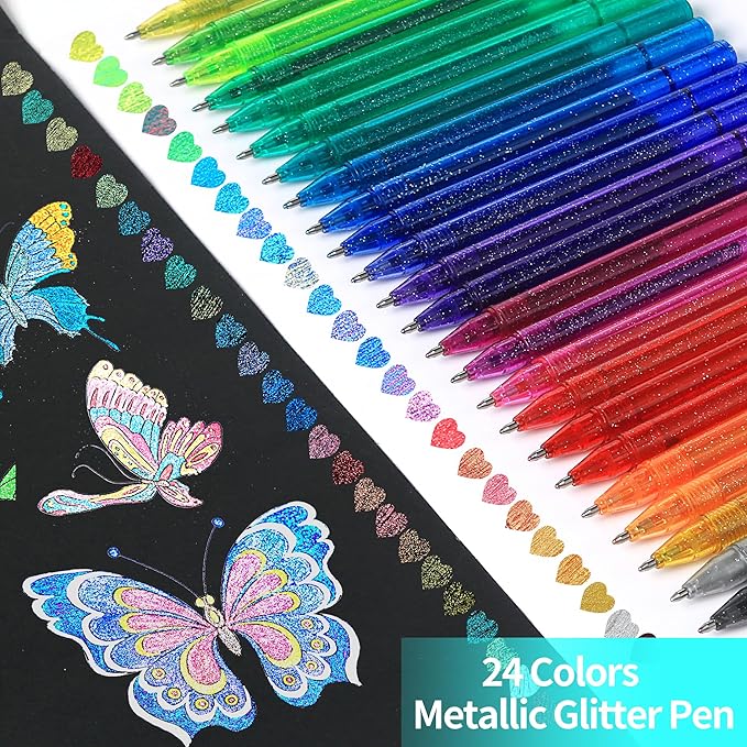 ZSCM 48 Pack Metallic Glitter Gel Pens Set, 24 Colors Sparkle Gel Pens with 24 Glitter Pen Refills in Canvas Bag for Adult Coloring Book Drawing Crafts Scrapbooks Journaling