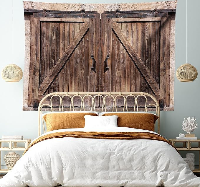 Ambesonne Rustic Tapestry, Wooden Barn Door in Stone Farmhouse Image Vintage Desgin Rural Art Architecture Print, Fabric Wall Hanging Decor for Bedroom Living Room Dorm, 28" X 23", Cream Brown