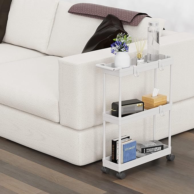 Simple Houseware 3-Tier Slim/Narrow Storage Cart with Handle, 5.5'' Wide x 26.5'' Height Rolling Organizer for Kitchen, Bathroom, Laundry Room - White