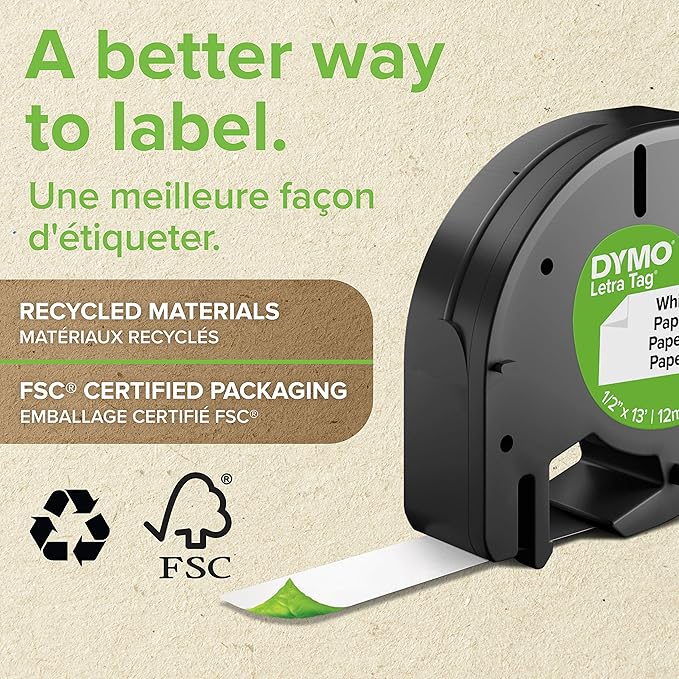 DYMO LetraTag Paper Labels, Authentic, 12 mm x 4 m Roll, Black Print on White, Self-Adhesive Multipurpose for LetraTag Label Makers, 2 Count