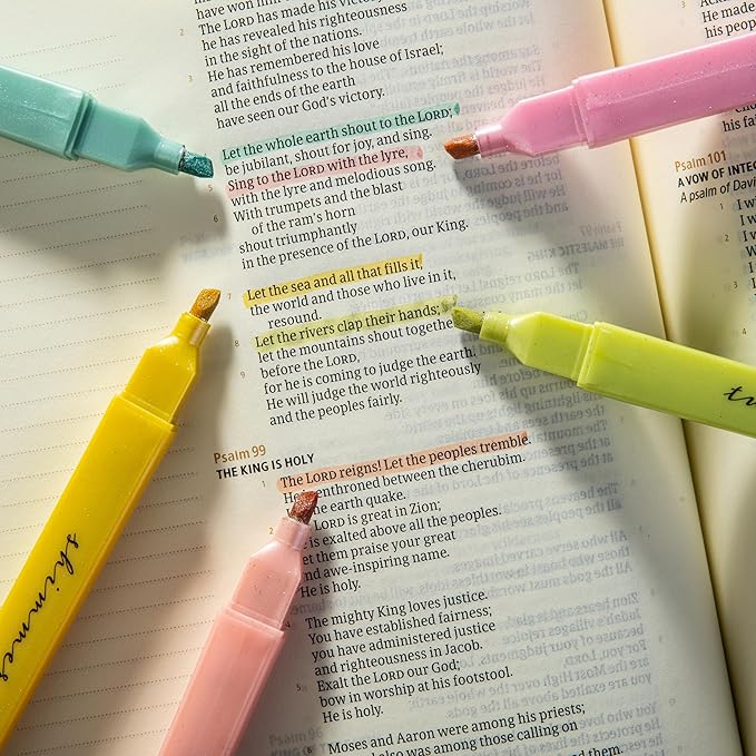 DIVERSEBEE Glitter Bible Highlighters with Soft Chisel Tip, 5 Pack Assorted Color Pens No Bleed, Quick Dry, Cute Aesthetic Marker Set for Bible Study Journaling Supplies (Sunshine)