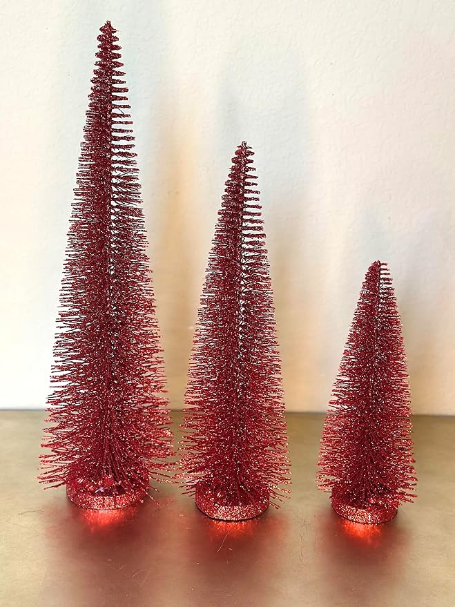 RAZ Imports Set of 3 Bottle Brush Trees – 17”, 14”, 9” Modern Christmas Holiday Winter Décor – Glittery Tabletop Mini Trees for Home Office Shelf Desk Mantel Fireplace Decoration (Red Glittered)