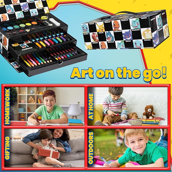 Pokemon Art Set for Boys Girls Drawing Painting Kit Markers Crayons Colored Pencils School Supplies Anime Gifts for Kids (Black)