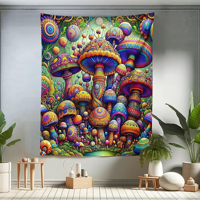 Ambesonne Mushroom Tapestry Twin Size, Art Trippy Jungle with Colorful Huddles of Oriental Motifs Outer World Psychedelic, Wall Hanging Bedspread Bed Cover Wall Decor, 68" X 88", Multicolor