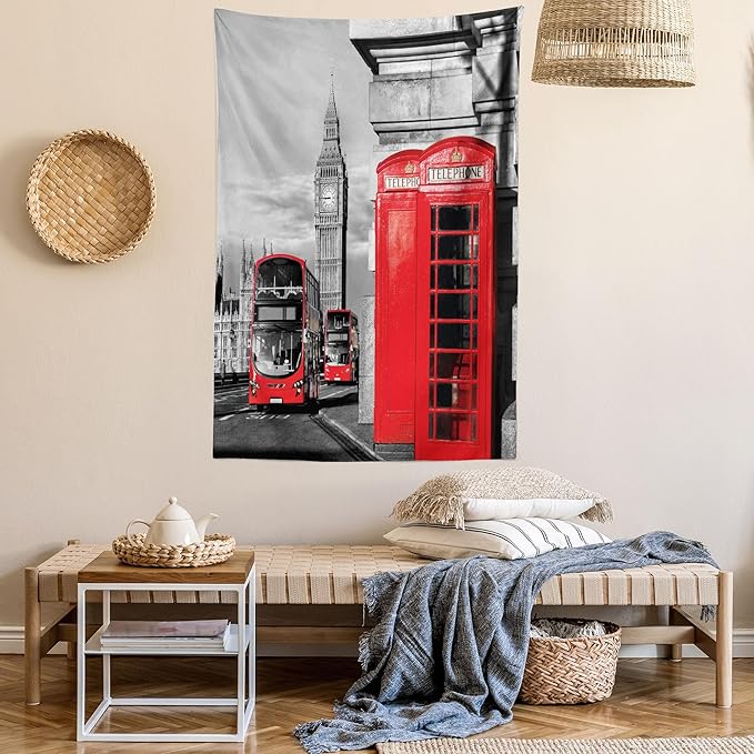 Ambesonne London Tapestry, London Telephone Booth in the Street Traditional Local Cultural England UK Retro, Wall Hanging for Bedroom Living Room Dorm Decor, 60" X 80", Red Grey