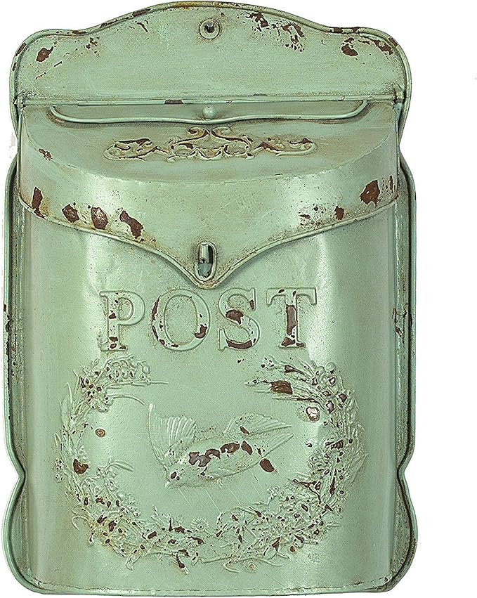 Creative Co-Op Aqua Embossed Tin Post Box with Distressed Finish
