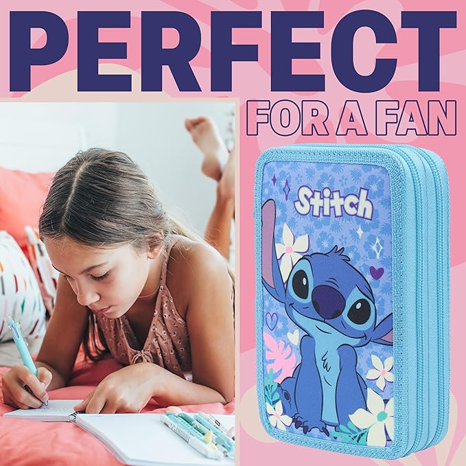 Disney Stitch Pencil Case for Girls Kids Tweens Colored Pencils Markers Pen Eraser Ruler Frozen School Supplies Stationary Gifts for Girls (Blue Stitch 2 Compartment)
