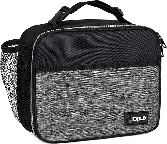 opux Insulated Lunch Bag Kids, Lunch Box for School Boy Girl, Leakproof Small Reusable Compact Soft Mini Cooler Bag, Toddler Small Lunch Boxes Kit Pail with Front Side Pockets (Gray)