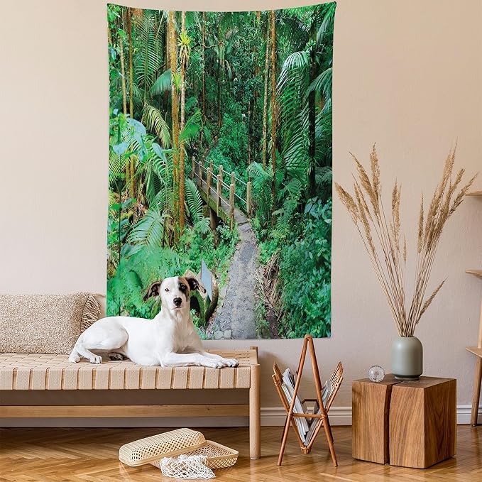 Ambesonne Puerto Rico Tapestry Queen Size, Tropical Rain Forest in San Juan Exotic Jungle Nature Photography, Wall Hanging Bedspread Bed Cover Wall Decor, 88" X 88", Green Pale Brown Ginger