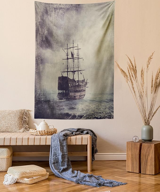 Ambesonne Nautical Tapestry, Old Pirate Ship in the Sea Historical Cruise Retro Voyage Grunge Style Art, Fabric Wall Hanging Decor for Bedroom Living Room Dorm, 23" X 28", Tan Plum