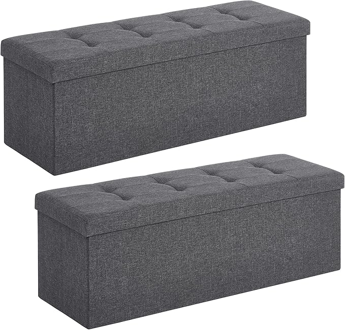 SONGMICS 43 Inches Folding Storage Ottoman Bench, Set of 2, Storage Chest, Foot Rest Stool, Bedroom Bench with Storage, Dark Gray, ULSF431G01
