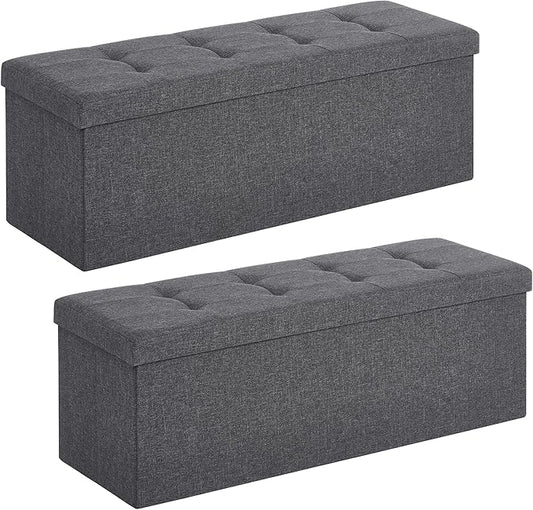 SONGMICS 43 Inches Folding Storage Ottoman Bench, Set of 2, Storage Chest, Foot Rest Stool, Bedroom Bench with Storage, Dark Gray, ULSF431G01