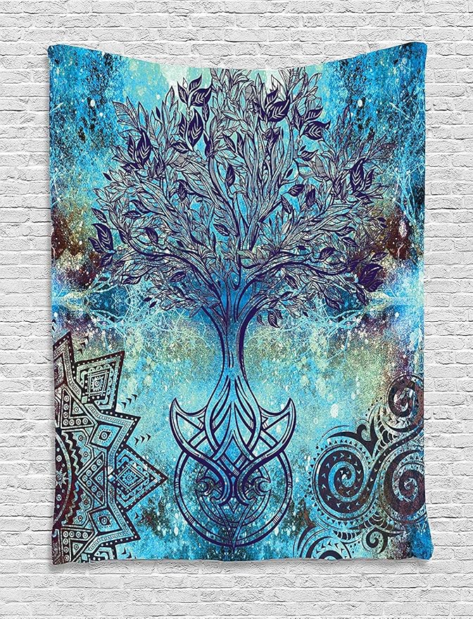 Ambesonne Ethnic Tapestry, Grunge Style Tree Pattern Mandala and Spiral Shapes Blurry Art, Wall Hanging for Bedroom Living Room Dorm Decor, 60" X 80", Turquoise Brown