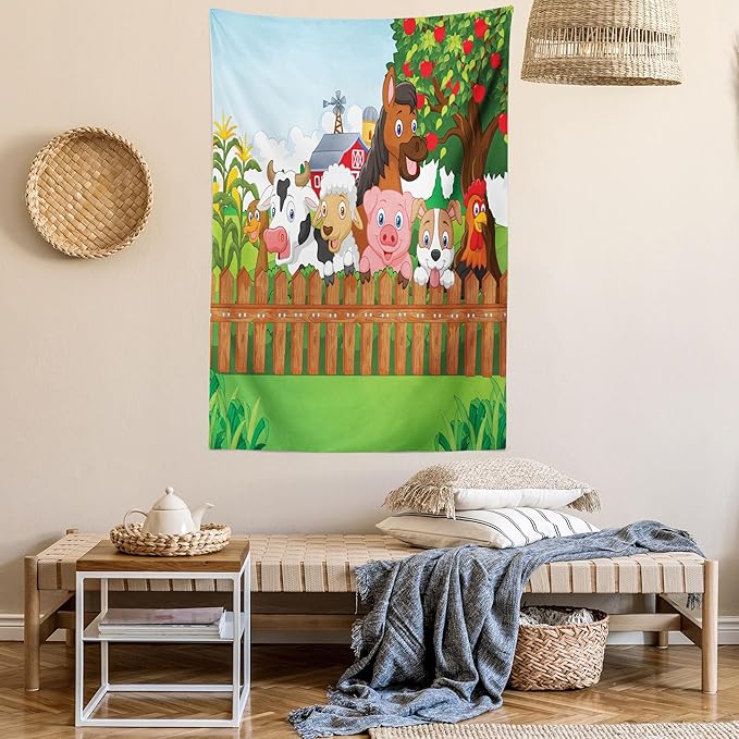 Ambesonne Cartoon Tapestry, Composition Farm Animals on Fence Comic Mascots Dog Cow Horse Design, Fabric Wall Hanging Decor for Bedroom Living Room Dorm, 30" X 45", Green Multicolor