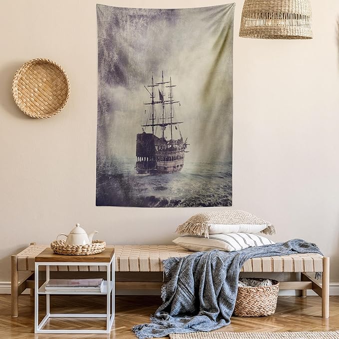 Ambesonne Nautical Tapestry Queen Size, Old Pirate Ship in the Sea Historical Cruise Retro Voyage Grunge Style Art, Wall Hanging Bedspread Bed Cover Wall Decor, 88" X 88", Tan Plum