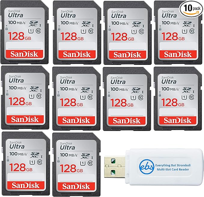 SanDisk 128GB Ultra - 10 Pack UHS-I Class 10 SD Flash Memory Card Retail (SDSDUNR-128G-GN6IN) - Bundle with (1) Everything But Stromboli Combo Card Reader