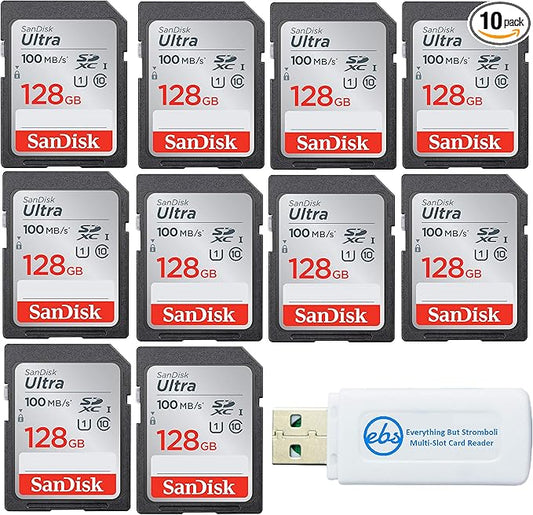 SanDisk 128GB Ultra - 10 Pack UHS-I Class 10 SD Flash Memory Card Retail (SDSDUNR-128G-GN6IN) - Bundle with (1) Everything But Stromboli Combo Card Reader