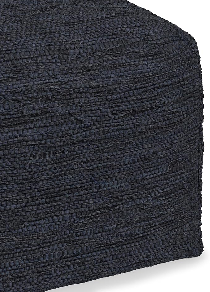 SIMPLIHOME Fredrik Square Pouf - 18 inch Wide Genuine Woven Leather Ottoman in Dark Blue, Boho-Style Footstool or Extra Seating for Living Room or Bedroom with Polystyrene Bead Filling, Assembled