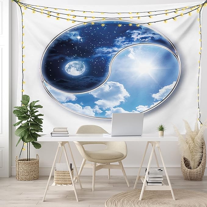 Ambesonne Space Tapestry, Yin Yang World Moon and Sun Harmony of the Universe Art Print, Fabric Wall Hanging Decor for Bedroom Living Room Dorm, 45" X 30", Navy Blue Sky Blue White
