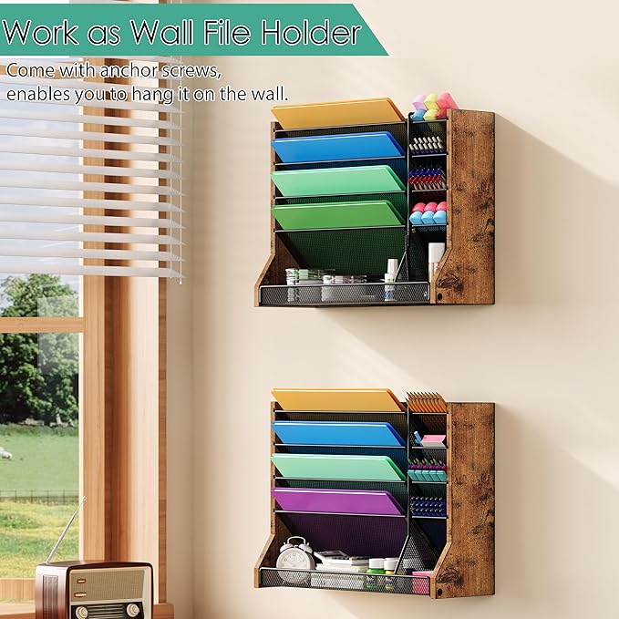 Wall Desk File Organizer 5 Tiers, Ironwood Hanging File Organizer with R-shaped Tray, Wall File Holder for Office Home, 4 Pull-Out Divider and Pen Slots to Sort File,Mail,Newspaper,Pen, Brown