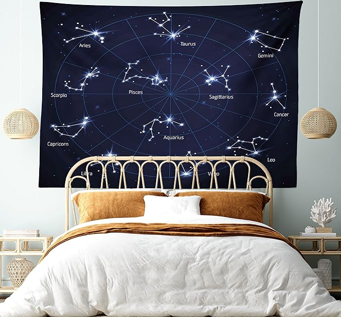 Ambesonne Constellation Tapestry, Sky Star Map Geometric Circle Space Night Horoscopes Chart Dark, Wide Wall Hanging for Bedroom Living Room Dorm, 60" X 40", Dark Blue White