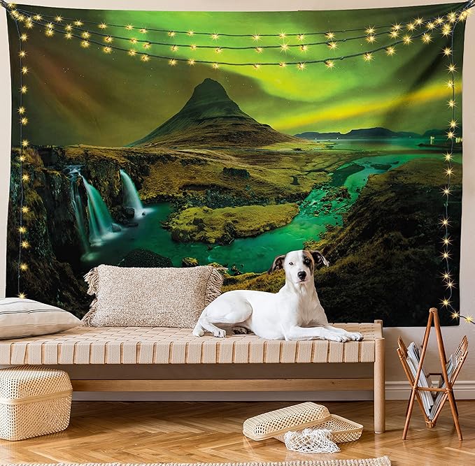 Ambesonne Aurora Borealis Tapestry, Pale Weather over the Hills Waterfall Creek Nature Landscape, Fabric Wall Hanging Decor for Bedroom Living Room Dorm, 28" X 23", Olive Green
