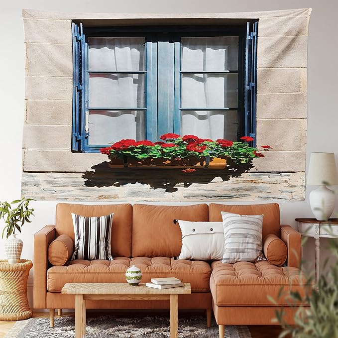 Ambesonne Country Tapestry King Size, Mediterranean Style Window Open Shutters Image French Urban Life Theme Print, Wall Hanging Bedspread Bed Cover Wall Decor, King Size, Blue Grey