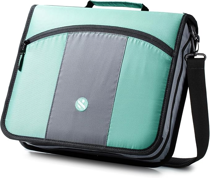 3 Inch 3 Rings Zipper Binder, Round Ring Binder with Expanding Files, Handle and Shoulder Strap, Green