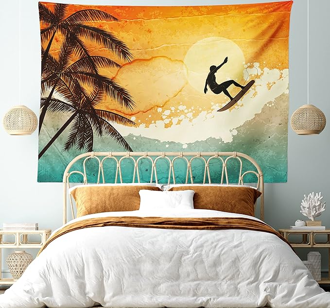 Ambesonne Grunge Tapestry, Illustration of Tropical Island Surfer on Sea Waves and Palms at Sunset, Wide Wall Hanging for Bedroom Living Room Dorm, 60" X 40", Orange Turquoise Black
