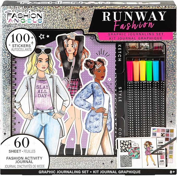 Fashion Angels Runway Fashion Graphic Journaling Set - Fashion Design Activity Journal with Markers, Stencils & Stickers - Teaches Basic Fashion Design - Beginners Fashion Sketch Pad for Kids 8 & Up