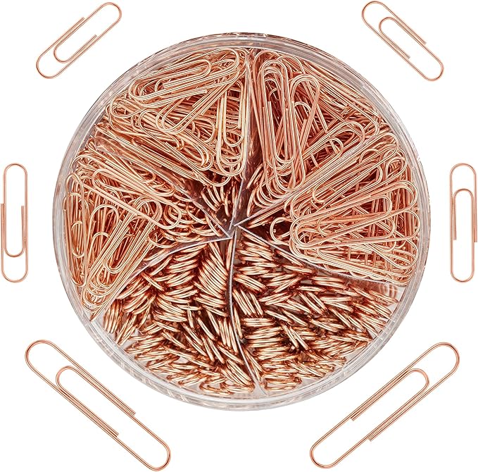 NEEWAY 500pcs Rose Gold Paper Clips Assorted Sizes Small, Medium and Large Paperclips for Paperwork Ideal for Home, School and Office Use