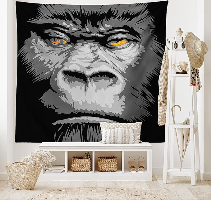 Ambesonne Modern Tapestry Queen Size, Close up Gorilla Portrait with Orange Eyes Zoo Jungle Animal Wild Money Graphic, Wall Hanging Bedspread Bed Cover Wall Decor, 88" X 88", Grey Marigold