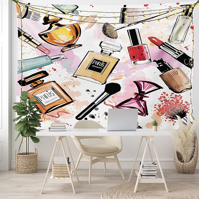 Ambesonne Fashion Tapestry, Cosmetic and Makeup Theme Pattern Perfume Lipstick Nail Polish Brush Modern, Fabric Wall Hanging Decor for Bedroom Living Room Dorm, 28" X 23", Coral White