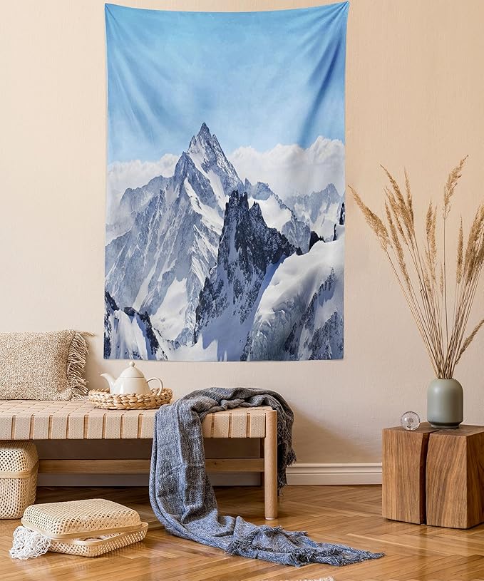 Ambesonne Winter Tapestry, Snowy Rocky Mountain Peaks Tops Scene High Lands ICY Frozen Swiss Outdoor Art, Wall Hanging for Bedroom Living Room Dorm Decor, 40" X 60", Blue and White