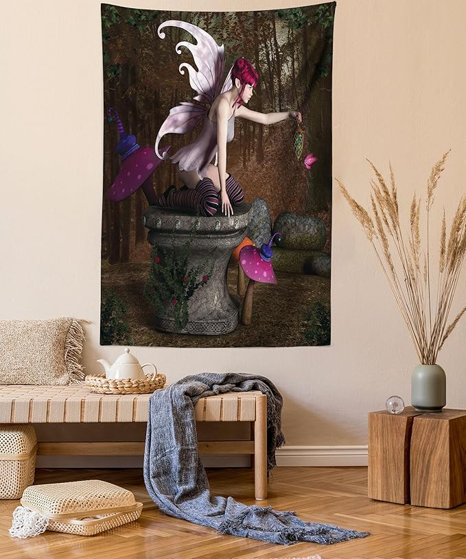 Ambesonne Tale Tapestry Queen Size, Dimensional Mythical Creature Design Artifact on Pedestal Forest Print, Wall Hanging Bedspread Bed Cover Wall Decor, 88" X 88", Red Purple Grey