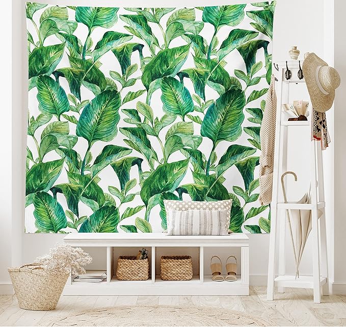 Ambesonne Leaf Tapestry King Size, Romantic Holiday Island Hawaiian Banana Trees Watercolored Image, Wall Hanging Bedspread Bed Cover Wall Decor, 104" X 88", Forest Green