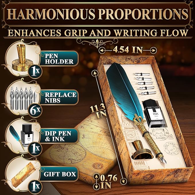 Vintage Feather Quill Pen and Ink Set - Elegant Blue Feather Pen and Ink Set for Signatures, Writing, and Drawing - Calligraphy Kit with Stainless Steel Nib for Beginners and Calligraphy Enthusiasts