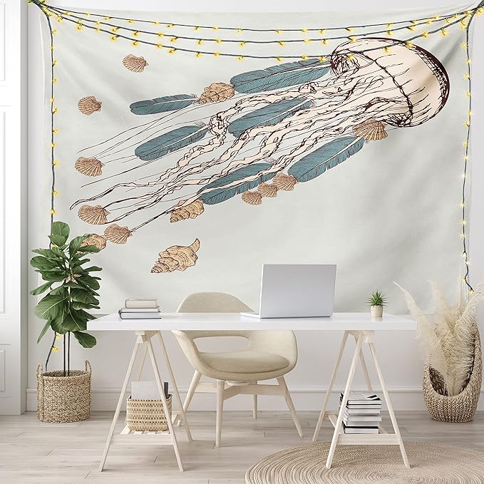 Ambesonne Jellyfish Tapestry, Boho Feather Tentacles Shells Vintage Art Print Under the Sea Tribal Fish, Fabric Wall Hanging Decor for Bedroom Living Room Dorm, 45" X 30", Beige Brown