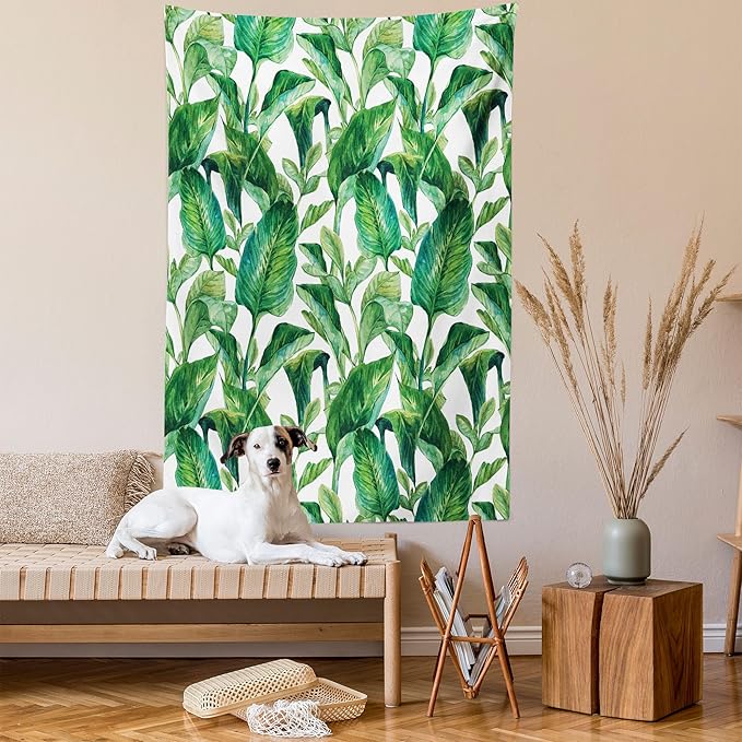 Ambesonne Leaf Tapestry, Romantic Holiday Island Hawaiian Banana Trees Watercolored Image, Fabric Wall Hanging Decor for Bedroom Living Room Dorm, 23" X 28", Forest Green