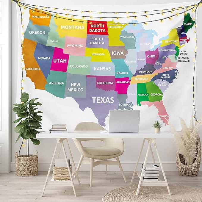 Ambesonne Map Tapestry, USA Map with Name of States in Colorful Design America Geography Cartography Theme, Wide Wall Hanging for Bedroom Living Room Dorm, 60" X 40", Red Yellow