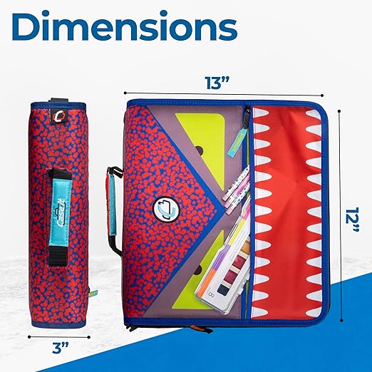 Case-it The Dual 2-in-1 Zipper Binder | Two 1.5-Inch D-Rings, 600 Sheet Capacity, Pencil Pouch & Multiple Pockets | School & Office Organizer with Shoulder Strap | Dual-101 Monster Design Red | 6 Pack