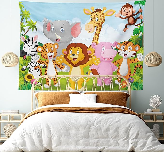 Ambesonne Cartoon Tapestry, Comic Savannah Animals Playful Friendly Savannah Jungle Happy Wildlife Nature, Fabric Wall Hanging Decor for Bedroom Living Room Dorm, 45" X 30", Green Brown