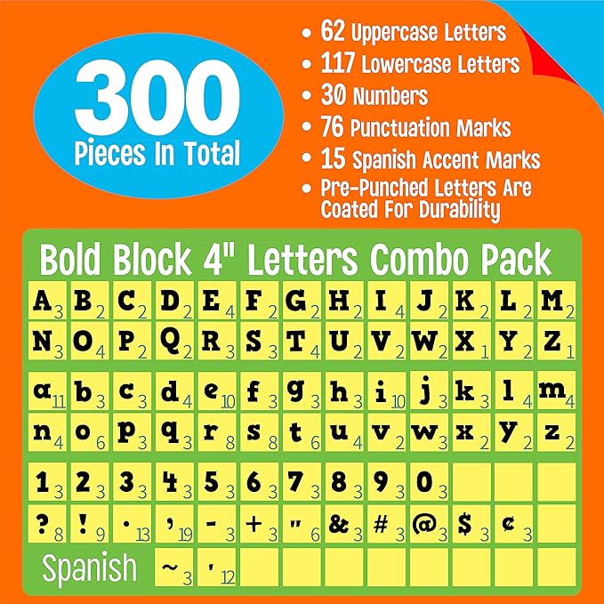 300 PCS Alphabet Combo Set, 4” Block Letters Uppercase/Lowercase Letters, Numbers & Punctuation, Accents Cutouts for Classroom Home School Room Chalkboard Bulletin Board