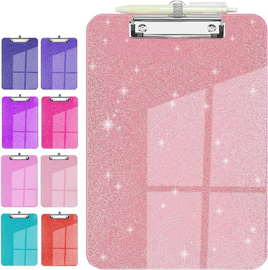 Sparkly Clipboard with Pen Holder, Clear Plastic Glitter Clip Board, Hanging Shiny Clipboards with Low Profile Metal Clip, Letter A4 Size for Taecher Women Office School (Clear Pink)