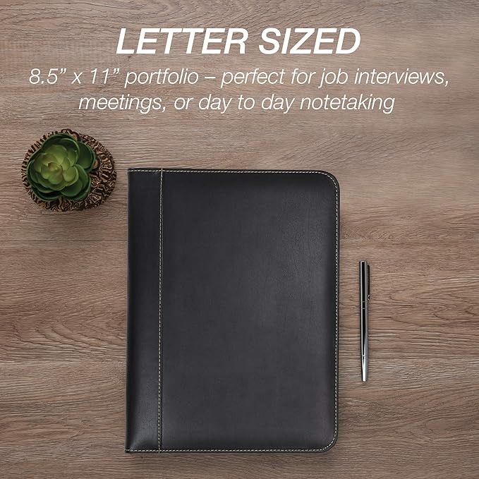 Samsill Contrast Stitch Faux-Leather Padfolio, Business Portfolio for Men and Women, Resume Document Organizer with 8.5 x 11 Inch Writing Pad, Black