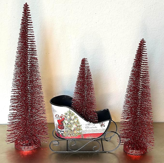 RAZ Imports Set of 3 Bottle Brush Trees – 17”, 14”, 9” Modern Christmas Holiday Winter Décor – Glittery Tabletop Mini Trees for Home Office Shelf Desk Mantel Fireplace Decoration (Red Glittered)