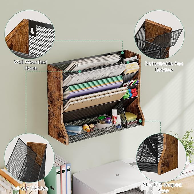 Wall Desk File Organizer 5 Tiers, Ironwood Hanging File Organizer with R-shaped Tray, Wall File Holder for Office Home, 4 Pull-Out Divider and Pen Slots to Sort File,Mail,Newspaper,Pen, Brown