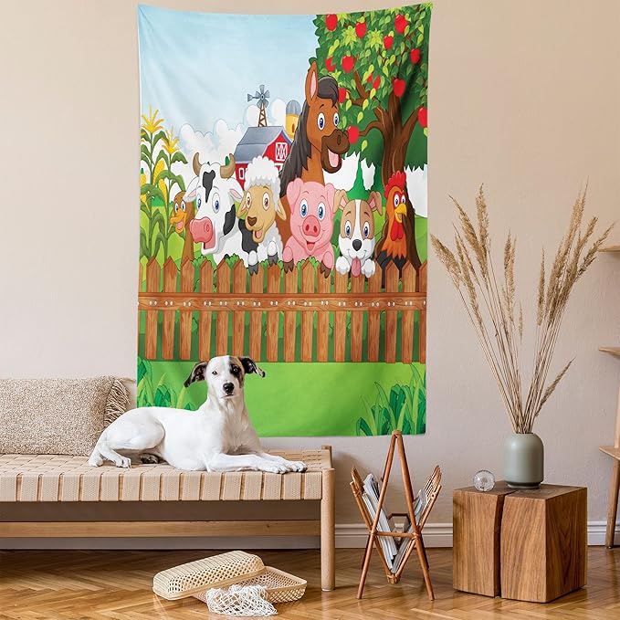 Ambesonne Cartoon Tapestry, Composition Farm Animals on Fence Comic Mascots Dog Cow Horse Design, Fabric Wall Hanging Decor for Bedroom Living Room Dorm, 30" X 45", Green Multicolor